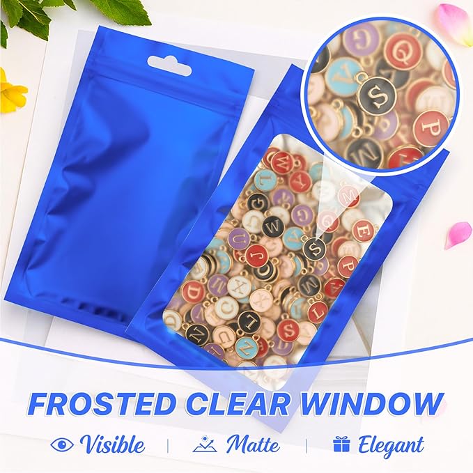 100 PCS Resealable Mylar Bags with Frosted Clear Window Packaging Bags Foil Pouch Zipper Bag for Food Self Sealing Storage Supplies (5.51x7.87, Blue)