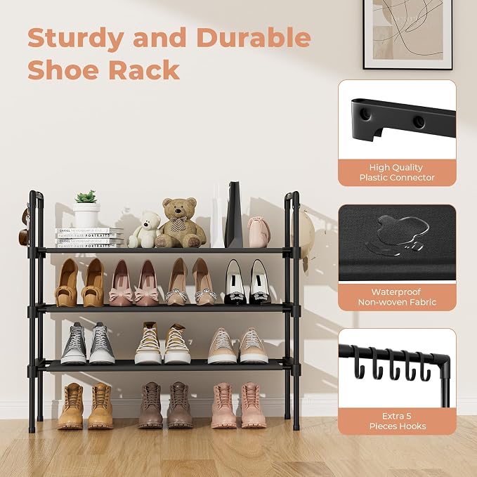 LANTEFUL 3 Tier Shoe Rack for Closet, Shoe Organizer with 5 Hooks, Long Shoe Shelf Storage for Sneaker and Boot Stackable Free Standing Shoe Rack for Entryway, Garage, Small Spaces, Dorm (Pack of 2)