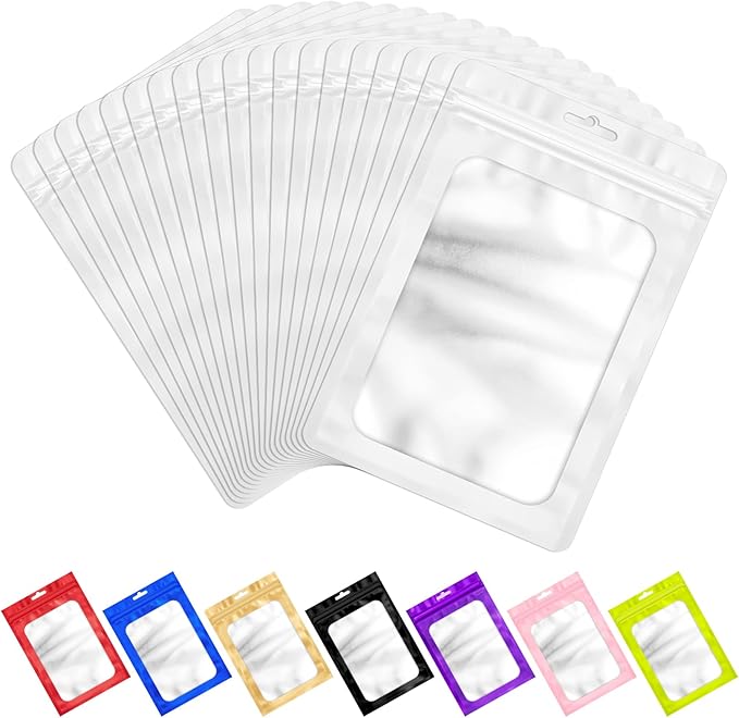 ANZNKU 100 PCS Resealable Mylar Bags with Frosted Clear Window Packaging Bags Foil Pouch Zipper Bag for Food Self Sealing Storage Supplies(4.72x7.87, White)