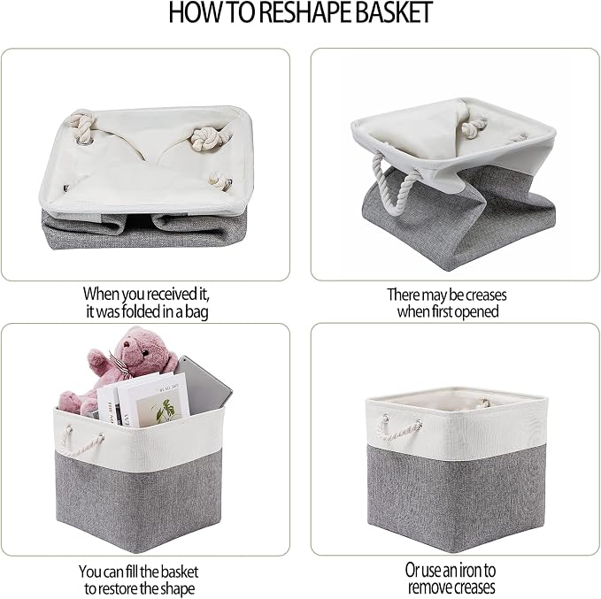 MidmmVick 13 x 13 Inch Cube Storage Bins, 4 Pack Large Collapsible Fabric Storage Bin with Ropes, Foldable Storage Cubes for Home, Office,Closet, Clothes, Toys Organizer (White & Grey)