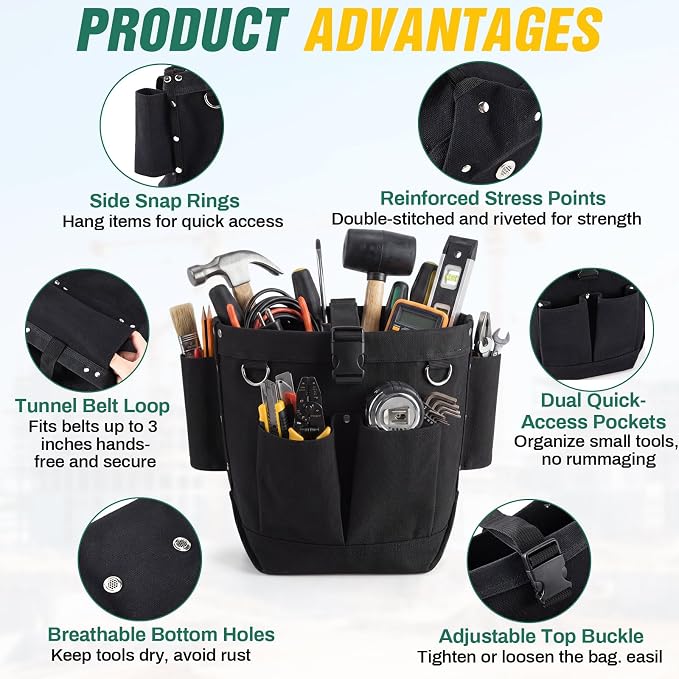 2 Pcs Tool Pouches 6" x 6" x 9", Small Tool Bags with Front Pocket, Tunnel Connection Double Reinforced Bottom, Belt Strap Connect, Bull Pin Loops for Spud Wrenches, Bolts & Outdoor Work