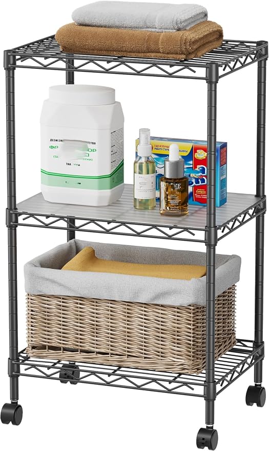 SINGAYE Small 3 Tier Shelves Wire Storage Shelving Adjustable Metal Shelf | With Wheels Home Storage Small Rack Pantry Closet Unit for Laundry Room Organization Bathroom Kitchen