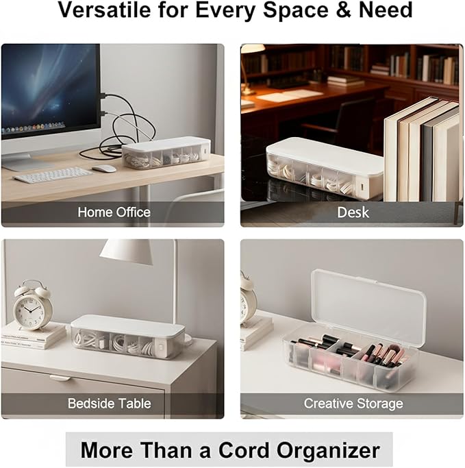 Cable Organizer Box with 7 Wire Ties, 2 Pack Desktop Cord Management Storage Case with Lid, 7 Compartments for Chargers Cables for Office Home Desk Accessories Cords (White)