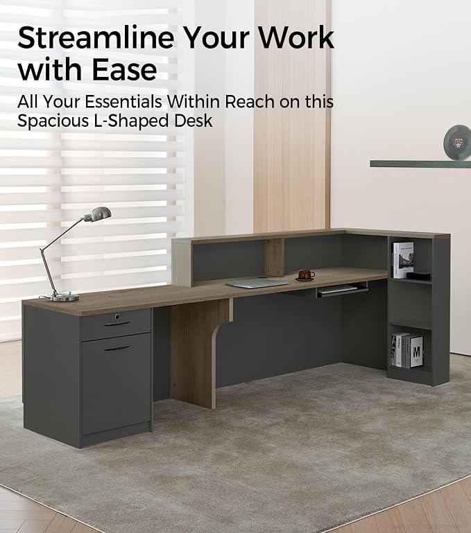 Modern L-Shaped Reception Desk with Counter - 79 Inches Front Desk with Storage Cabinet, Open Shelves, Lockable Drawer & Keyboard Tray for Office, Lobby, Checkout (Tobacco Wood & Iron Gray - Right)