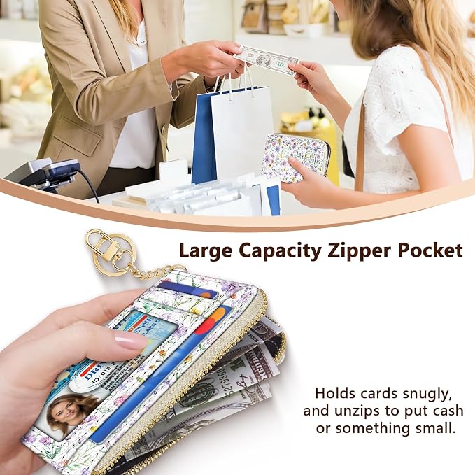 GIANCOMICS Slim Wallet Credit Card Holder Women, Purple Flower Rfid Blocking Small Card Case, Keychain Thin Pocket Curved Zipper Wallet, Travel Card Holder PU Leather ID Window, Ladies Female Gifts