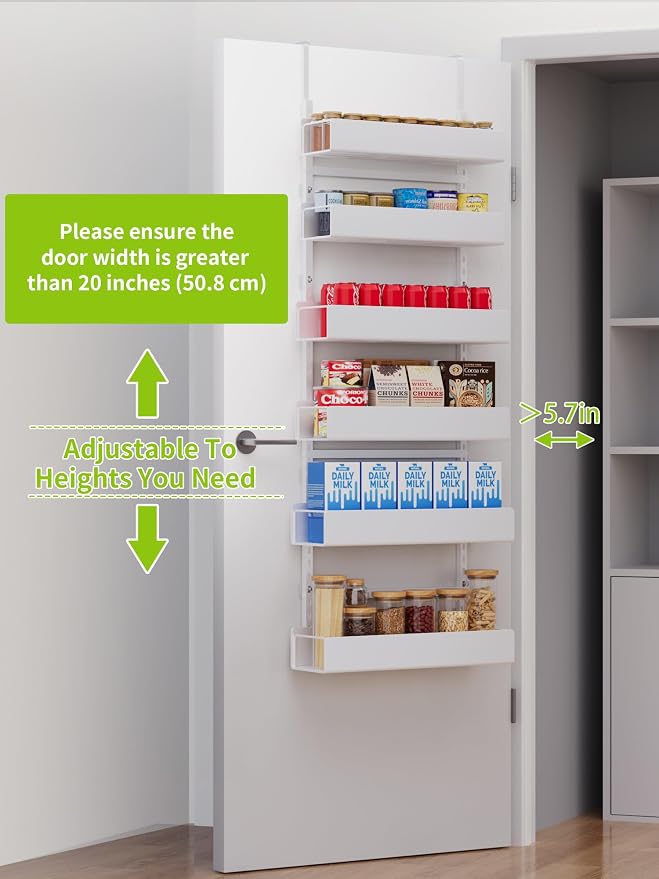 6-Tier Hanging Pantry Organizer, Metal Spice Rack Storage for Kitchen Laundry Bathroom Cabinet, White