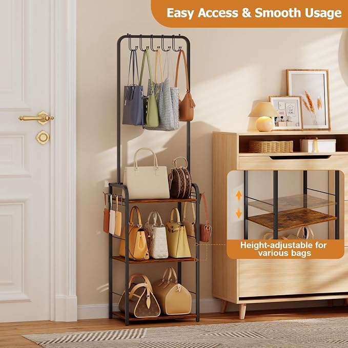 Floor-Standing Purse Organizer for Closet with 5 Hangers & 6 Side Hooks, Tall Purse Rack Stand for Purse Storage, High-Capacity Handbag Organizer, Multi-Purpose Purse Storage Organizer for Small Place