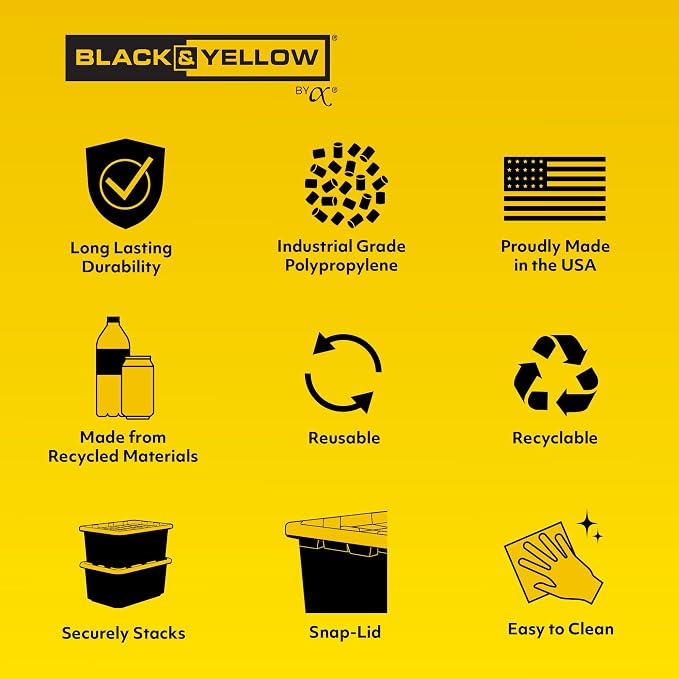 CX BLACK & YELLOW, 17-Gallon Heavy Duty Storage Bins with Lids, Stackable Plastic Storage Bins with Weather-Resistant Design, Home Organization, 2 Pack (12.5H x 18W x 26.9D)
