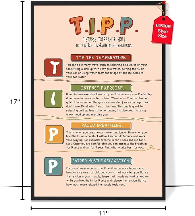 LOLUIS Mental Health Poster, Boho Therapy Tools Educational Supplies Art Print Classroom School Office Decor (Tipp Distress Tolerance Skill, Custom Frame Type)