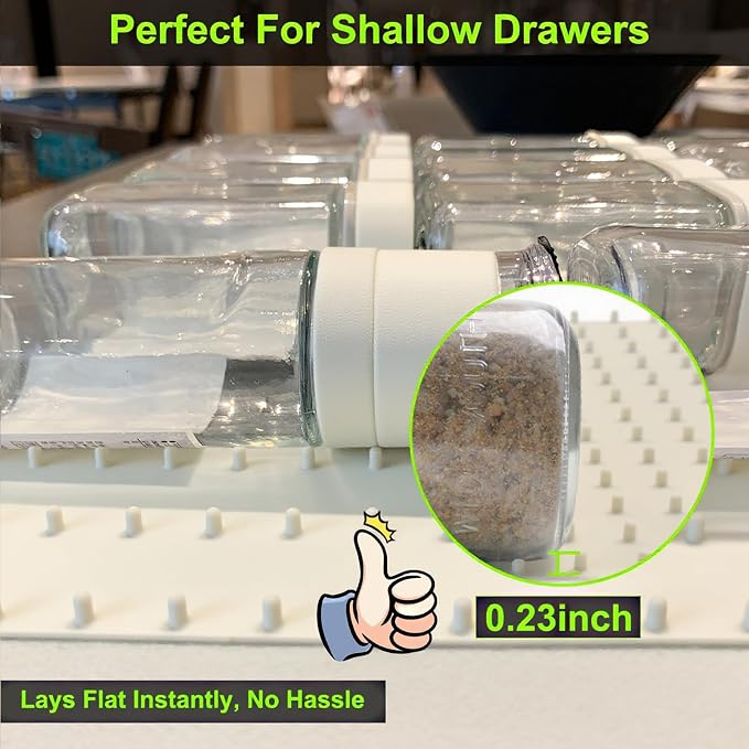 Gosmol Spice Drawer Organizer Insert - Spice Drawer Liner 2 Pack Pearl | Adjustable non-slip silicone liner; in-drawer spice organizer for seasoning jars, spice bottles, flat spice rack for drawer