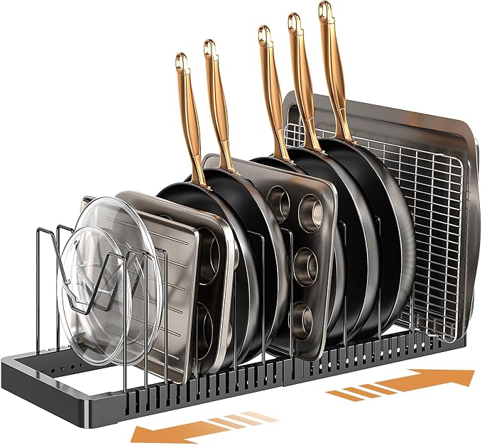 PanPanPal Pots and Pans Organizer under Cabinet, Expandable Pot Lid Organizer Holder with 12 Adjustable Compartment, Pan Organizers inside Cabinet for Lids, Bakeware, Kitchen Storage Pot Rack, Black
