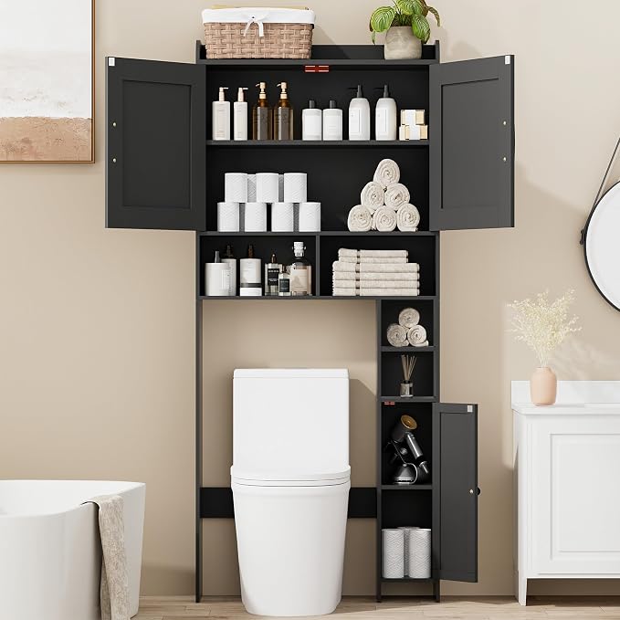 Homhedy Wooden Over The Toilet Storage Cabinet with Barn Door | Freestanding Bathroom Storage, Toilet Paper Holder, Adjustable Shelf,Space-Saving, Farmhouse Style, Black