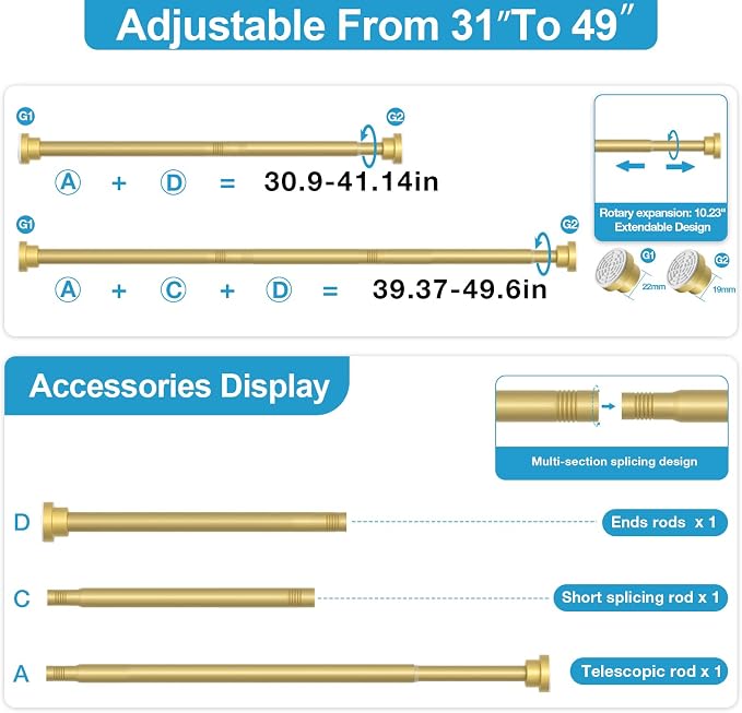 Tension Curtain Rod 31 to 50 Inch Spring Tension Rods for Windows Adjustable Curtain Rod No Drilling Expandable Pressure Curtain Rod Shower Rods for Closets,Bathroom,Kitchen,Doorway