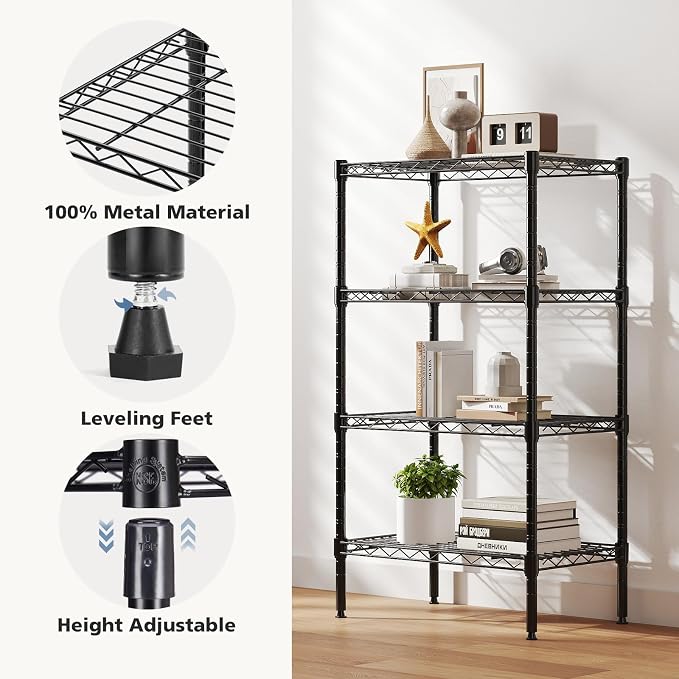 DUMOS 4-Tier Metal Storage Shelves, 23" W Adjustable Standing Storage Rack Shelf, Heavy Duty Steel Shelving Unit Organizers for Kitchen Bathroom Pantry Garage, 23.3" Wx13.4 Dx47 H