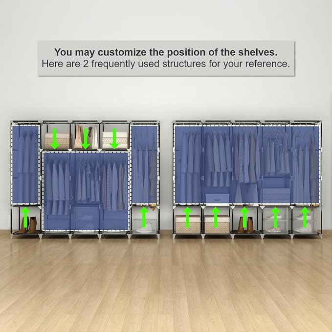 83" Portable Wardrobe Closet for Hanging Clothes, 5 Rods 10 Shelves Cover | 5 Hanging Rods 10 Storage Shelves Fabric Cover
