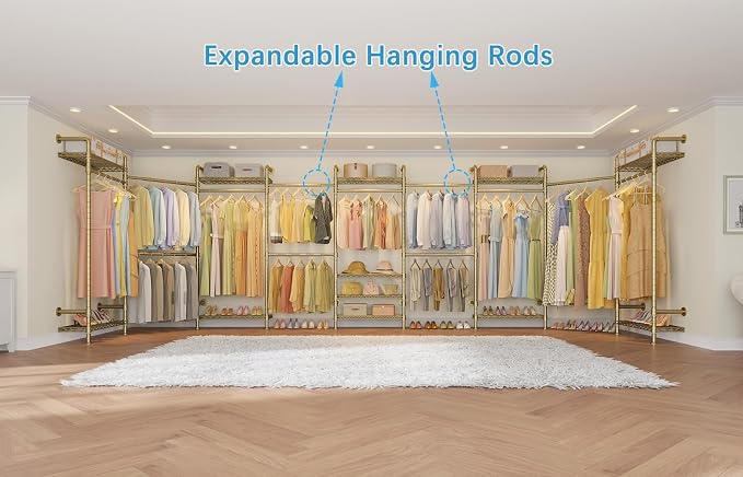 Timate L4 L Shape Garment Rack Heavy Duty for Hanging Clothes, Expandable Industrial Pipe Clothing Rack, Wall Mounted Closet Organizer Large Wardrobe Kit Corner System Gold