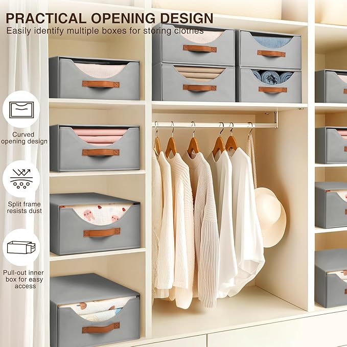 Homsorout Stackable Storage Drawers - Large Collapsible Storage Bins with Drawers, 6 Pack Closet Shelf Organizer Basket, Fabric Pull Out Organizer for Bedroom, Living Room, Dorm, Grey
