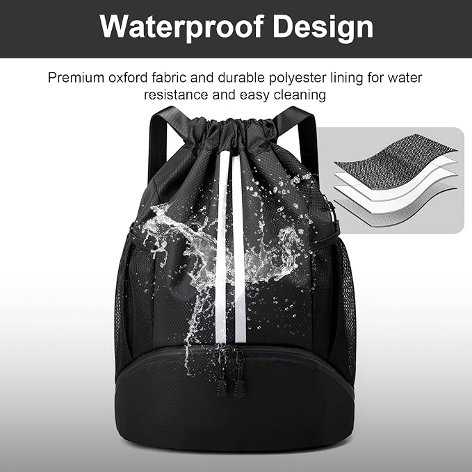Hoedia Sports Drawstring Backpack - Swim Gym Bag for Women and Men | String Bag with Shoes Compartment and Wet Proof Pocket, Adjustable Wider Shoulder Strap, For Soccer, Basketabll, Volleyball