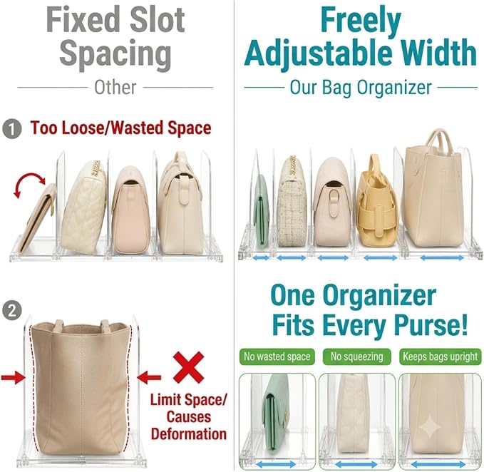Vtopmart Adjustable Purse Organizer with Expandable Base & Sliding Dividers | 1 Extendable Base & 8 Slide-Freely Dividers, Fits Small bag, Handbags, Keeps Bag Upright & Visible, Maximize Closet Spacing