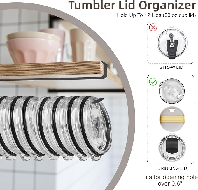 Tumbler Lid Organizer, 2 Pack Yeti Lid Organizer, Single Water Bottle Lid Organizer Holds Up to 12 Lids, More Space Saving Tumbler Lid Storage Holder, Stronger Under Cabinet Lid Holder Rack (Black 1)