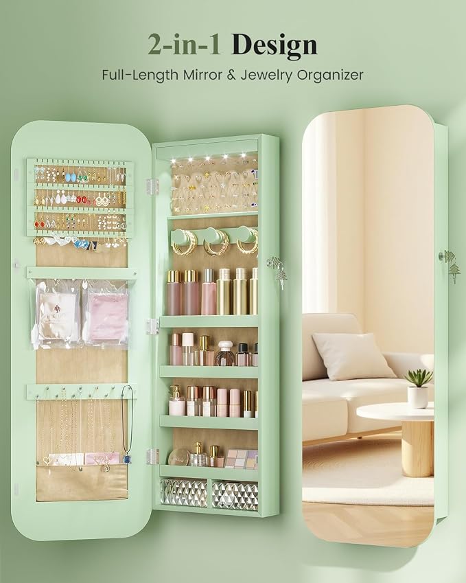 LVSOMT 6 LEDs Mirror Jewelry Cabinet Door Hanging, 42.5", Lockable, Green | Jewelry Organizer with Full Length Mirror, Wall Mounted Large Jewelry Storage for Earrings, Rings, Necklaces