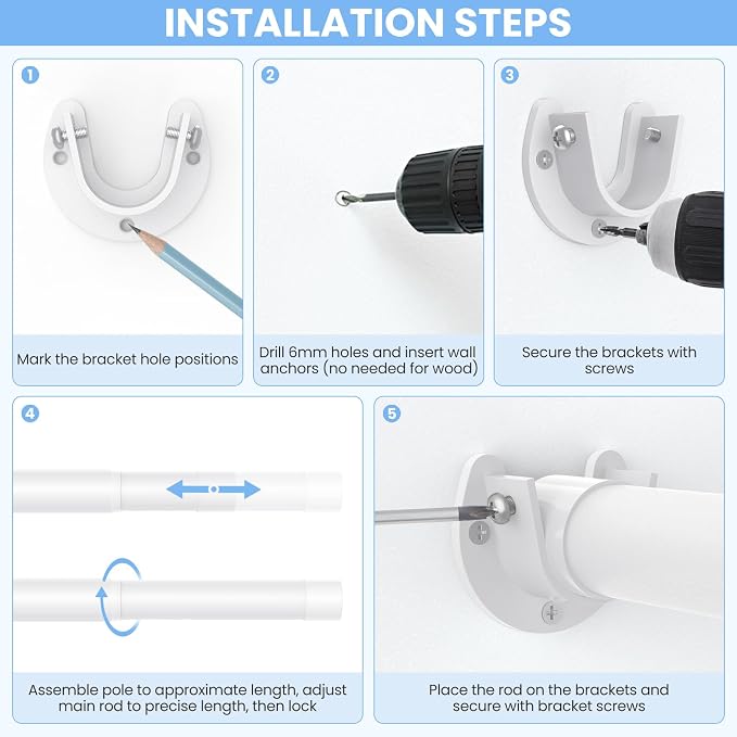 2 Pack Closet Rods for Hanging Clothes, 17 to 28 Inch Heavy Duty Stepless Adjustable Closet Hanging Rod, 1.3 Inch Diameter Metal Closet Rod for Wardrobes Laundry Bedroom RV, White