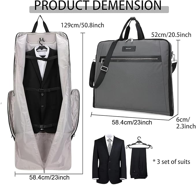 BESMART Garment Bags for Travel, 51" Large Suit Bag for Business Trips | Waterproof,Hangs 3 Suits,Foldable,Wrinkle Free Spacious Luggage Suit Cover,Adjustable Strap,Carry On Flight Approved,Grey