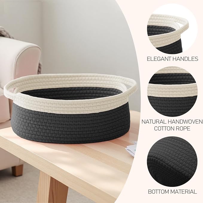 JMvicyroam Woven Basket,Small Rope Storage Bin with Handles & Ribbon Bag, Organizer for Shelves Closets,Gift Basket Empty for Birthday,Books,Dog Toys, White&Black/3 Pack