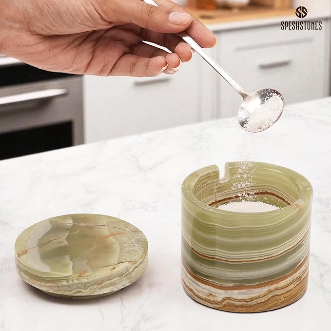 Marble Salt Cellar 3 Inch Green Flaky Salt Containers for Countertop - Sugar Bowl With Lid, Salt Holder, Spice Jars, Salt Box for Seasoning Storage Container, Salt Dish for Kitchen Decor