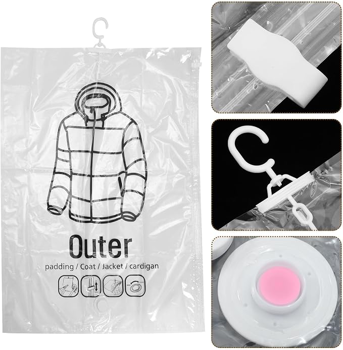 Luxshiny 2pcs Vacuum Storage Bags for Clothes with Hook, Hanging Compression Bags with Zip Design, Pe and Pa Material, Good Sealing Effects, Sturdy Construction for Travel and Closet