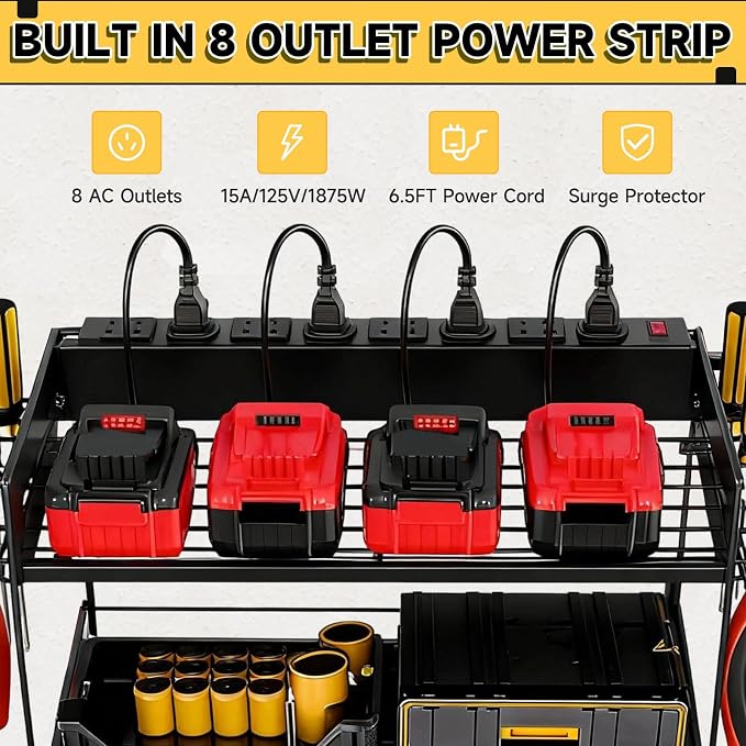 Power Tool Organizer Wall Mount, 2 Layers Heavy Duty 4 Cordless Drill Holder Tool Storage Rack with 8 Power Strip Battery Charging Station,Pliers Screwdrivers Organizer for Garage, Workshop,Tool Room