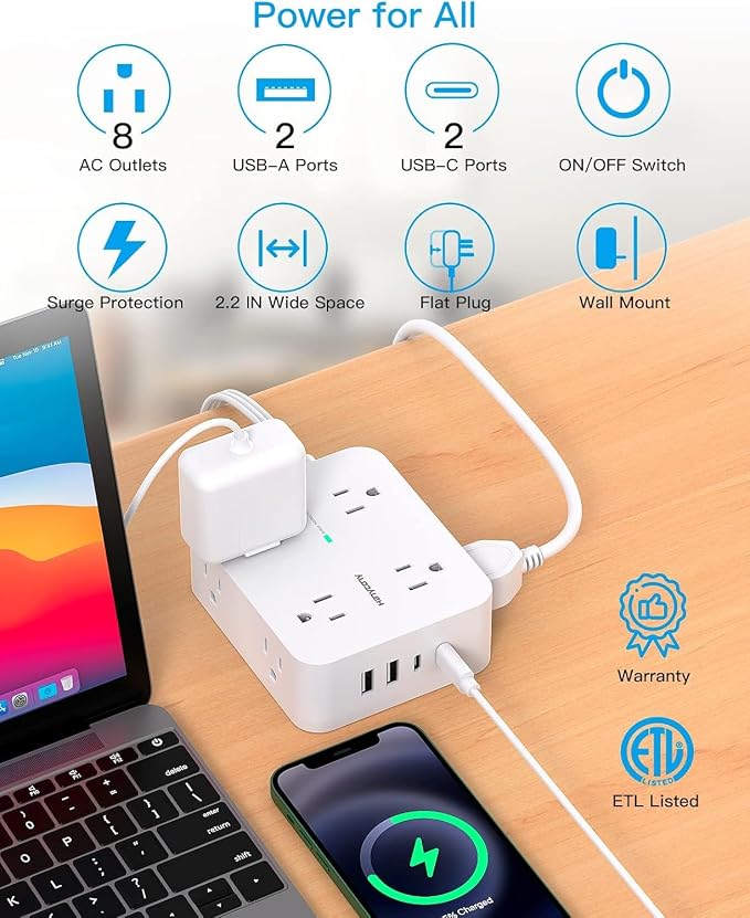Extension Cord 10 Ft, Ultra Thin Flat Plug Power Strip Surge Protector with 8 Outlets 4 USB Ports (2 USB C), HANYCONY Outlet Extender Desk Charging Station for Home Office Dorm Room Essentials | 8 Outlets 4 USB Ports (2 USB C), HANYCONY Outlet Extender...