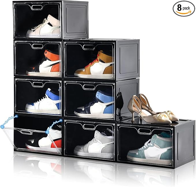 Amllas 8 Pack Shoe Boxes Black Plastic Stackable, Large Shoe Storage Organizer,Drop Side Front Shoe Containers for Entryway,Sneaker Storage Fit up to US Size 13 for Men/Women(13’’x 10.6”x 8.3”)