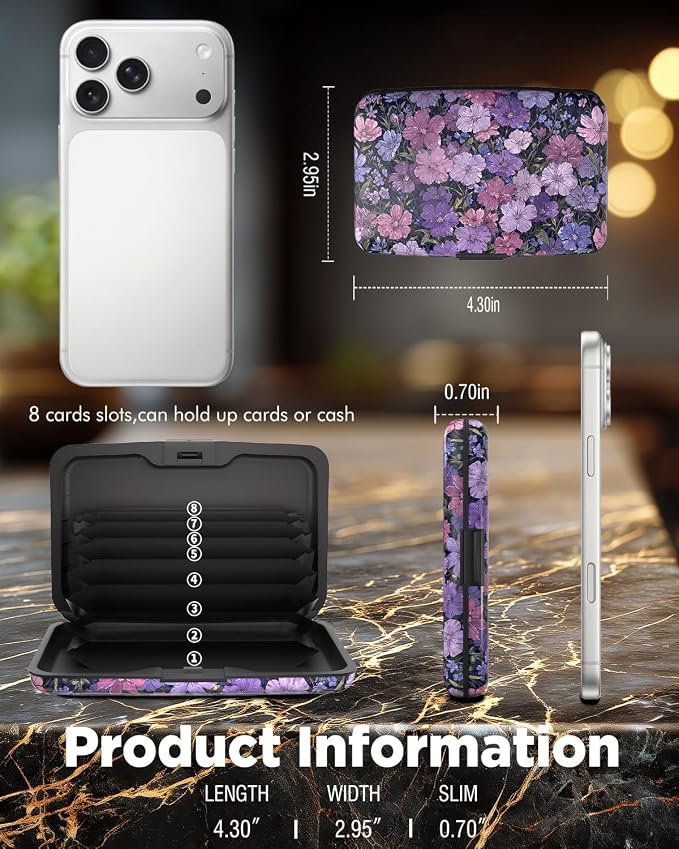 Maicican RFID Blocking Aluminum Credit Card Holder | Slim Metal Wallet for Women & Men, Business Card Case for Travel, Fits Front Pocket, Card holder wallet - Purple flowers
