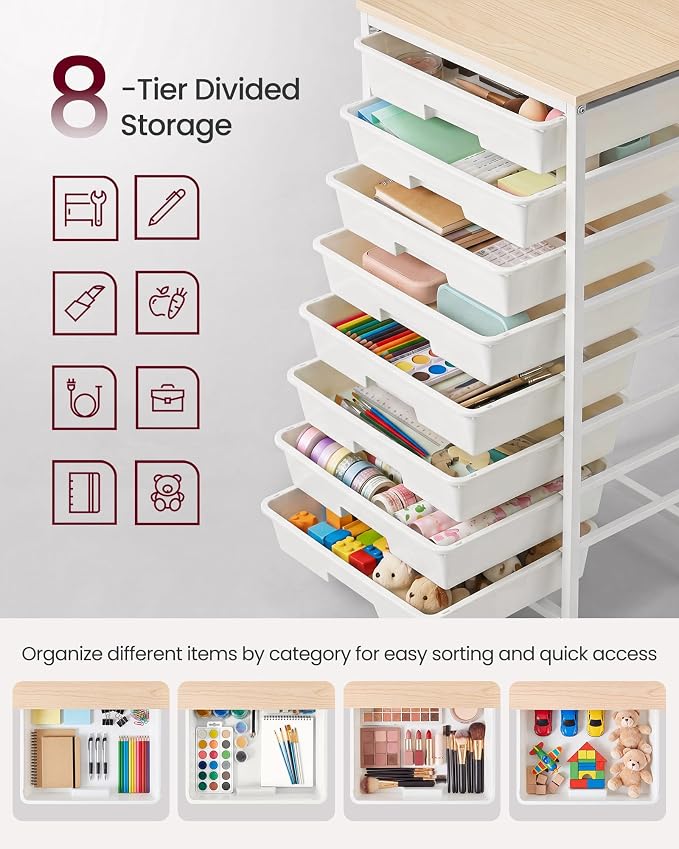 VASAGLE 8-Drawer Rolling Storage Cart, Utility Cart with Wheels and Wood Top, Craft Organizer for Office and Home, 15.6 x 11.2 x 30.1 inch, White, Benco Collection ULRC006W101