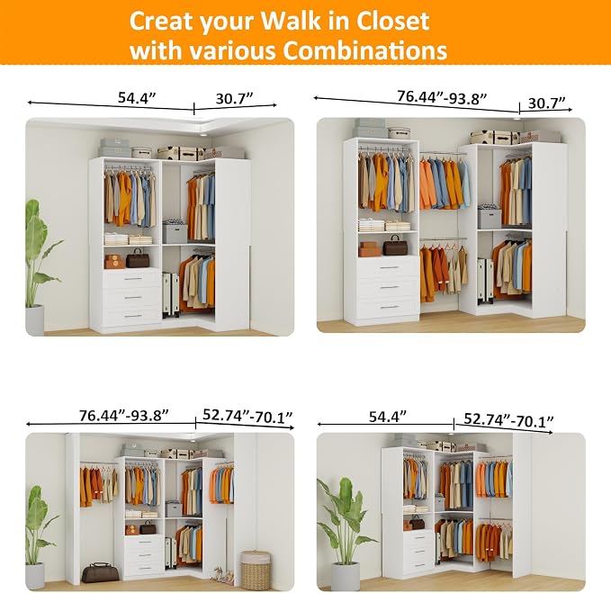 Closet System with 3 Wooden Drawers, 4.5-6FT Corner Closet Organizer System for Walk in Closet, Heavy Duty Modular Closet Systems, Built-in Shelving System with 5 Hanging Rods, 2-Piece Set