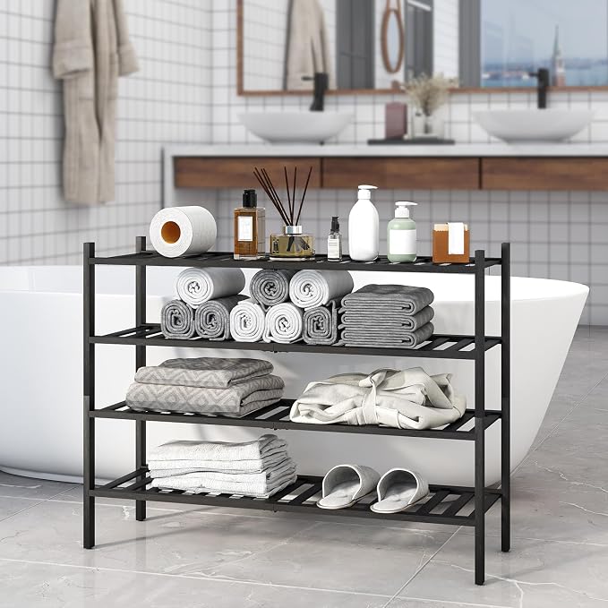 Long Shoe Rack, 4-Tier Bamboo Stackable Shoe Shelf Storage Organizer, Shoe Stand for Closet, Entryway and Hallway(Black)