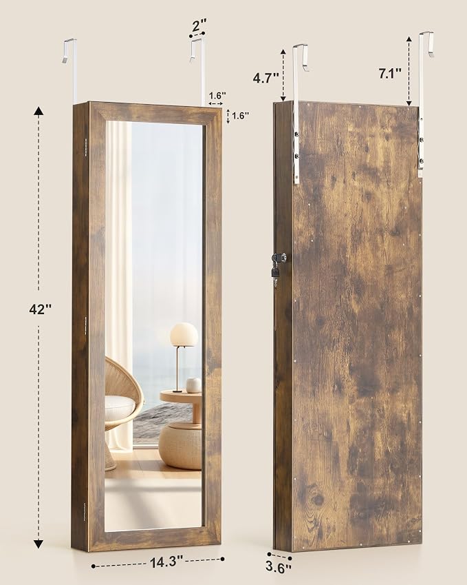 Nicetree 6 LEDs Mirror Jewelry Cabinet, Door/Wall Mounted Jewelry Armoire with Full Length Mirror, Lockable Jewelry Organizer with Storage,Large Capacity, Rustic Brown