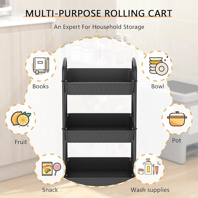 MOYIPIN 3-Tier Plastic Rolling Utility Cart with Handle,Utility Storage Cart for Office, Living Room, Kitchen,Movable Storage Organizer Shelves,Black