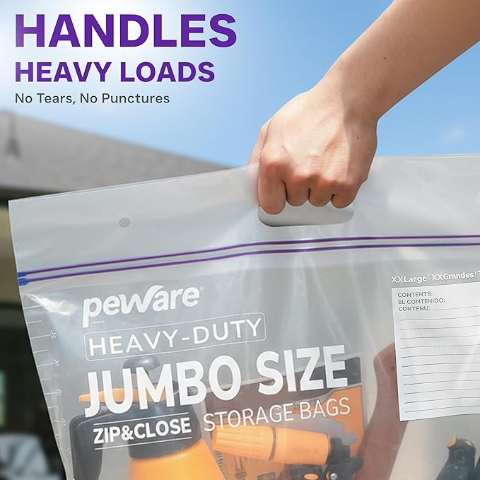 20 Gallon Heavy Duty Jumbo Storage Bags with Handle – 24" x 34" Resealable Zipper Top, Oversized Storage Solution for Clothes, Food, Pillow, Bedding, Household, BPA-Free, Pack of 10, 6 Mil Thick