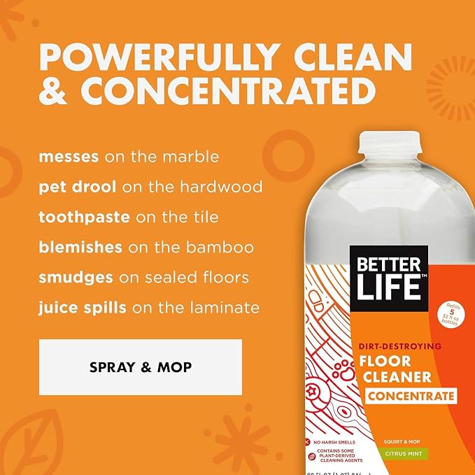 Better Life Floor Cleaner Concentrate - Liquid Multipurpose Cleaner for Wood, Tile, Laminate, Vinyl, Bamboo - Hardwood Floor Cleaner for Mopping - Citrus Mint 1 Gal Concentrate