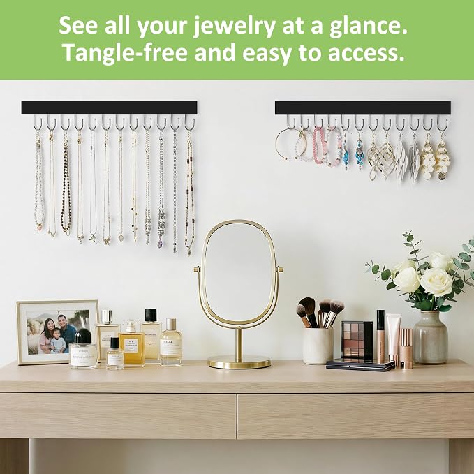 Jewelry Organizer Wall Mounted 2 Pack, Wooden Necklace Holder Wall Hanger with 24 Hooks for Hanging Necklaces and Jewelry Storage, Black