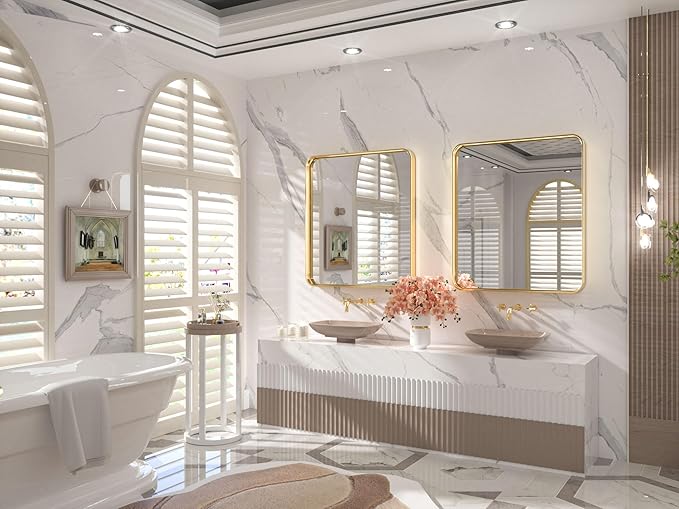 TETOTE 32 x 36 Inch Brushed Gold Frame Mirror, Bathroom Vanity Mirror for Wall, Modern Rectangle Round Corner Matte Framed Mirror (Horizontal/Vertical)