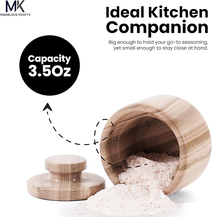 MARBLOUS KRAFTS Marble Salt Cellar 3 Inch Brown Salt Holder With Lid for Spice Jar & Stone Salt Container, Modern Sugar Bowl, Countertop Storage