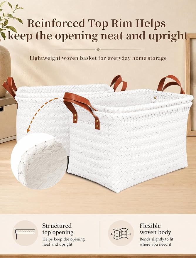Hand Woven Baskets for Storage, 4Pcs Water-Resistant Wicker Baskets, White Wicker Storage Baskets for Shelves, Large Basket with Handle for Organizing, Clothes, Laundry, Blanket - Rectangular