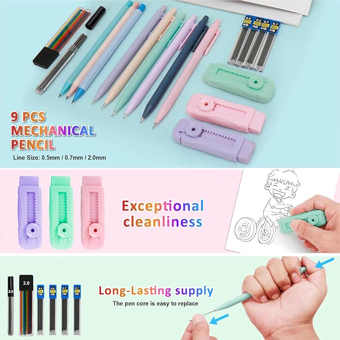 43 PCs Aesthetic School Supplies Kit - Art & Study Set with Pink Pencil Case, 0.5/0.7/2.0mm Mechanical Pencils, 6-Color Ballpoint Pens & Black Ink Gel Pens &12 Pastel Highlighters