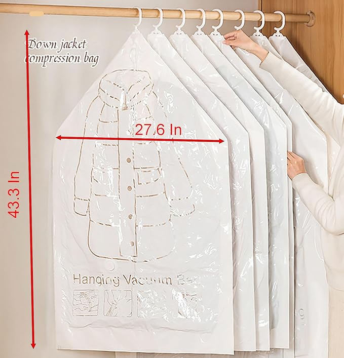 Hanging Vacuum Storage Bags with Pump, 4 Pcs 4 Hooks 43.3 Inch x 27.6 Inch PE Compression Down Jackets Arrange Bags for Saving Closet Space (Medium)