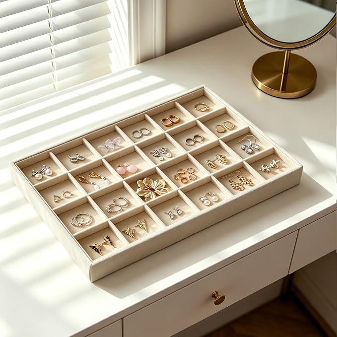Large Stackable Jewelry Tray 4 Pack Velvet Jewelry Display Drawer Inserts Trays Organizer for Earring Bracelet Necklace Ring (Beige, 24 Grids)