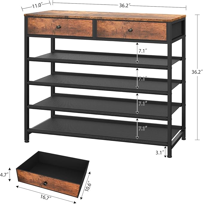 usikey Shoe Rack, 5 Tier Shoe Storage Organizer with 2 Drawers, Metal Shoe Shelf for 16-20 Pairs of Shoes, with 4 Oxford Fabric Shelves and Wooden Top, Shoe Stand for Closet, Entryway, Rustic Brown