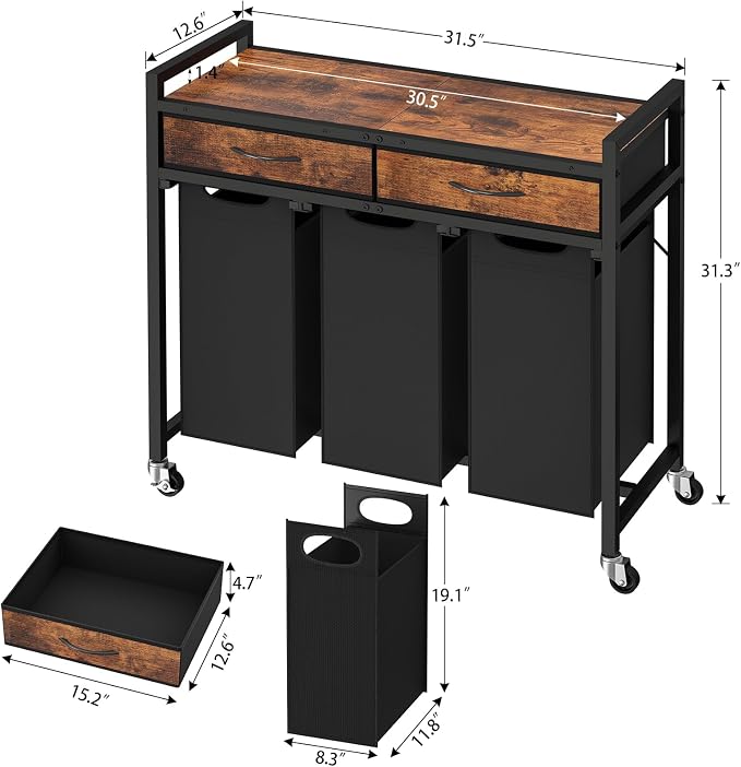 Laundry Sorter 3 Section, 120 L Laundry Hamper with 2 Drawers & 2-tone Top Panel, Rolling Laundry Basket Organizer with Pull-Out Removable Oxford Fabric Bags for Laundry Room Organization